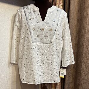 NWDT Ruby Rd. Elegant white embroidered floral paisley eyelet blouse. Size PM.